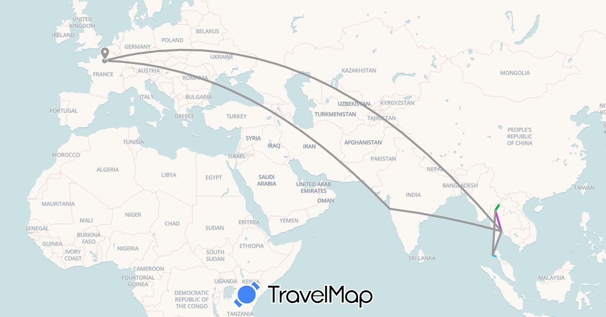 TravelMap itinerary: bus, plane, train, boat in France, India, Thailand (Asia, Europe)